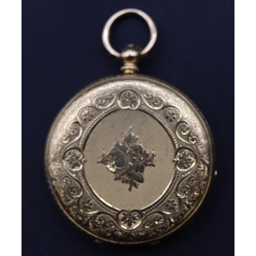 712 - An 18ct gold small pocket watch with gilt dial and Roman numerals, allover chased floral, leaf and s... 