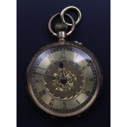 725 - A 14ct gold fob watch with gilt dial and Roman numerals, allover chased floral, leaf and scroll deco... 