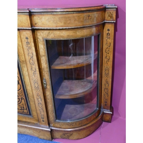 937 - A Victorian bur walnut breakfront credenza with allover ebony and satinwood marquetry, scroll, flora... 