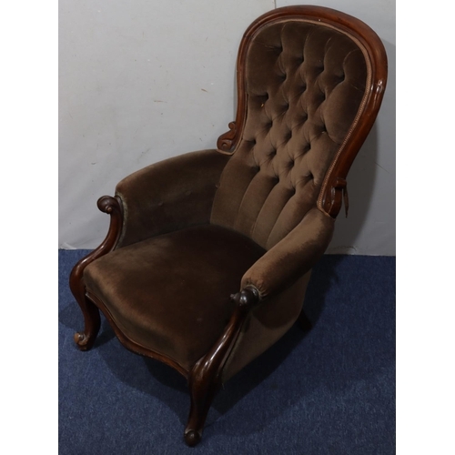 941 - A 19th Century mahogany spoon back armchair with brown velvet overstuffed seat, button back and padd... 