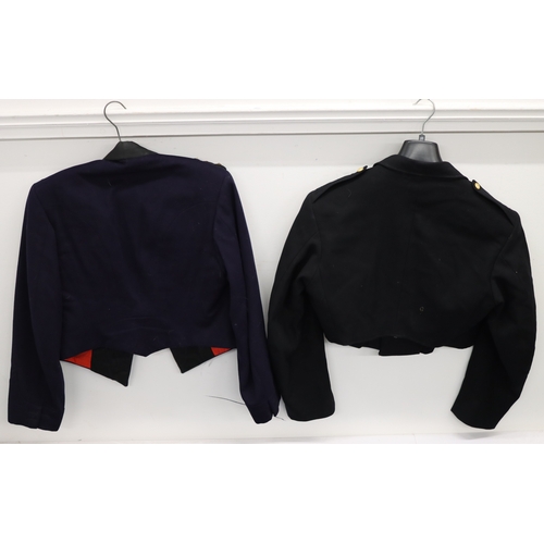 1015 - A navy blue tank regiment mess jacket and a similar style black jacket. (2)