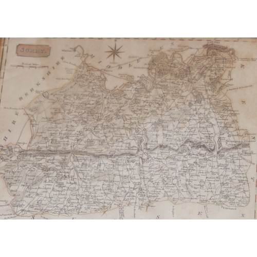 1034 - A map of Surrey 25 x 20cm, framed a a map of Hampshire18 x 23.5cm, framed. (2)