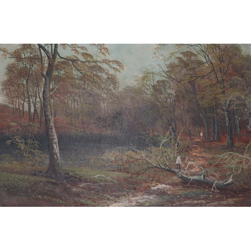 1045 - Allan Victorian oil on canvas woodland scene with figures, 29.5 x 19cm in gilt coloured frame.