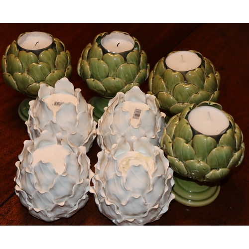 1054 - 4 white leaf patterned modern china tealight holders and 4 light green modern china leaf patterned t... 