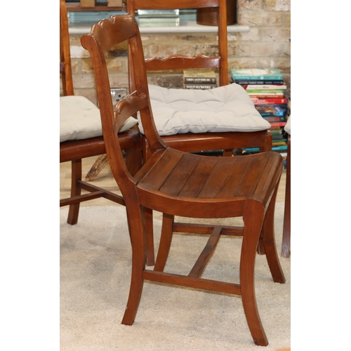 1060 - Set of 6 dark wood dining chairs with wood slatted seats, grey fabric base cushions. This Lot is not... 