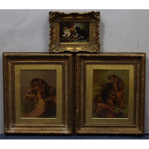 1072 - 2 modern prints each  of a dog and bird in gilt frame and a modern picture of 2 kittens in gilt fram... 