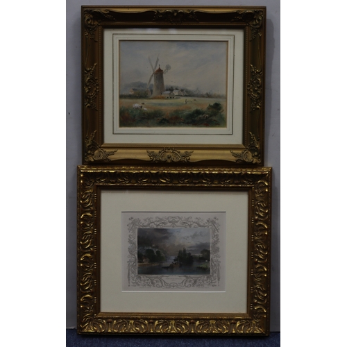 1074 - A watercolour of a windmill, in gilt frame, 23cm x 18cm and a print 