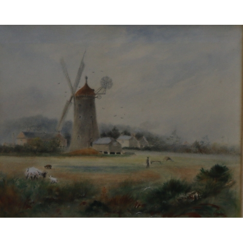 1074 - A watercolour of a windmill, in gilt frame, 23cm x 18cm and a print 