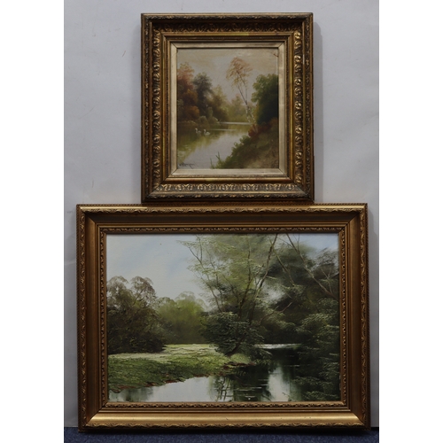 1075 - 2 oil on paintings, each depicting river and riverbank, in gilt frames, largest 55 x 40cm.