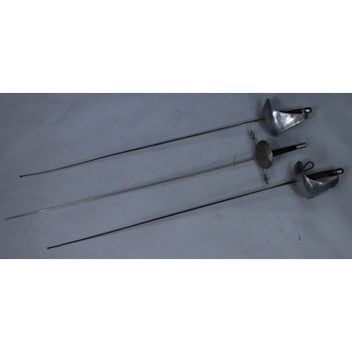 1080 - 2 Wilkinson Sword fencing foils, both with dish hilts and scabbards, 106.5cm long and 1 other, 108.5... 