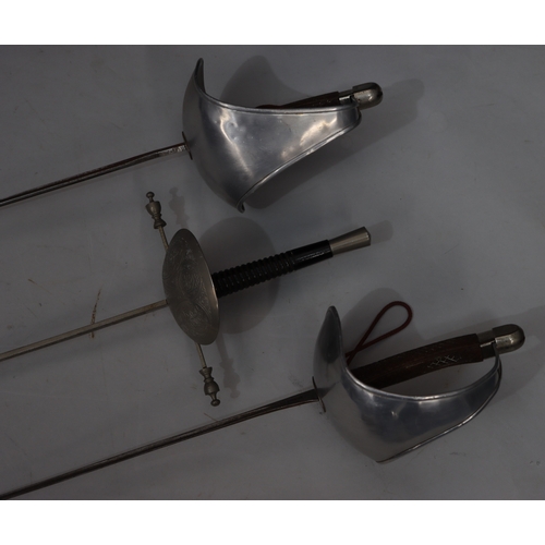 1080 - 2 Wilkinson Sword fencing foils, both with dish hilts and scabbards, 106.5cm long and 1 other, 108.5... 