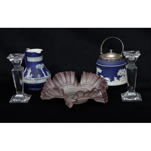 1094 - A purple frosted glass handkerchief bowl, 2 glass candlesticks, 19cm high, a Wedgwood biscuit barrel... 