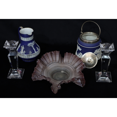 1094 - A purple frosted glass handkerchief bowl, 2 glass candlesticks, 19cm high, a Wedgwood biscuit barrel... 