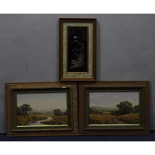 1095 - A pair of pictures depicting landscapes, 29 x 19cm, framed (chip to 1 frame) and a picture of a tige... 