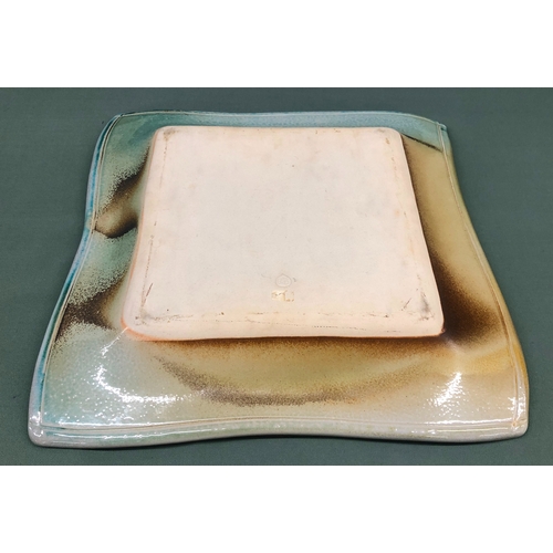 1112 - May Ling Beardsmore square salt glaze studio pottery stoneware dish with shell design, 34.5cm x 34.5... 