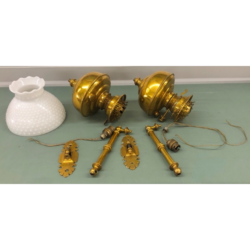 1117 - 2 brass bracket wall lamps and 1 opaline glass shade, 