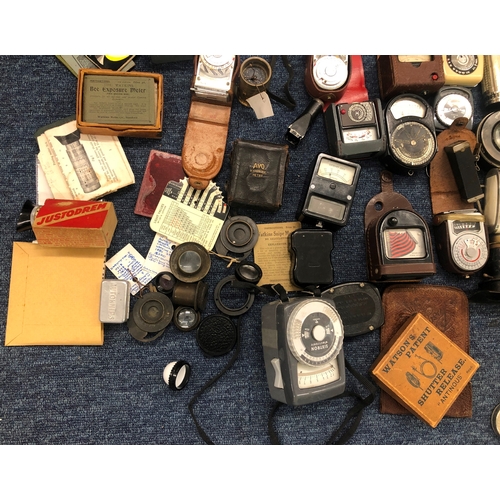 1139 - A large collection of various light exposure meters, lenses, Watkins Bee Meters etc.