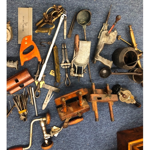 1141 - A large quantity of woodworking tools, drill, parts, clamps, braces, saw etc.