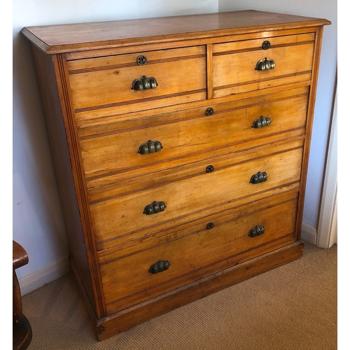 1149 - A pine chest of drawers, 2 small drawers, 3 larger drawers below, brass handles and lock (no key), 1... 