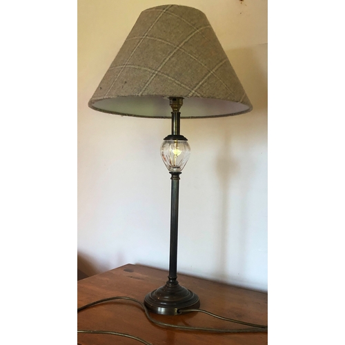 1157 - A brass and glass lamp with tartan fabric shade, 53cm high excluding shade.