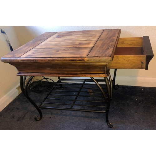 1160 - A low-level table with wood top, 1 drawer below with wood handle, cast iron legs and shelf below, 71... 