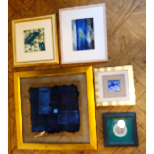 1166 - 5 coloured prints in shades of blue, all framed.