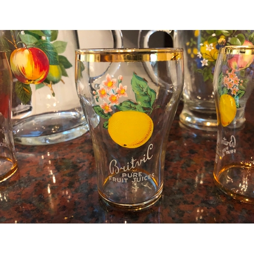 1174 - A set of 6 Britvil Pure Fruit Juices glasses and 2 jugs, with gilt rims and fruit decoration