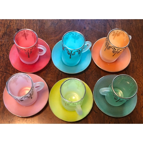 1177 - A set of 6 frosted glass coffee cups and saucers in different colours with gold pattern.