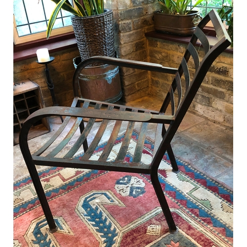 1181 - A pair of metallic chairs with multi-coloured cushions, 78cm high, 63.5cm wide. This Lot is not held... 