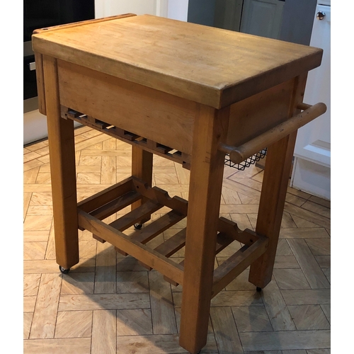 1190 - A modern butchers block on wheels, 1 wood drawer, metallic storage basket and wood wine rack below, ... 