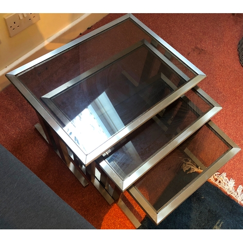 1197 - A nest of 3 metallic framed tables with grey tinted glass tops, largest, 54cm wide, 40cm deep, 32.5c... 