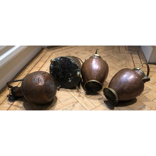 1204 - A pair of copper and brass jugs with handles, 39cm high overall, a copper and brass bucket with swin... 