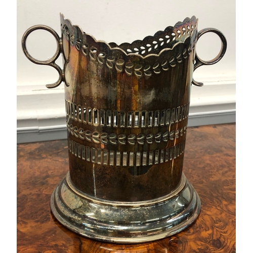 1205 - A silver plated 2-handled bottle holder, stamped to base, 19cm high.