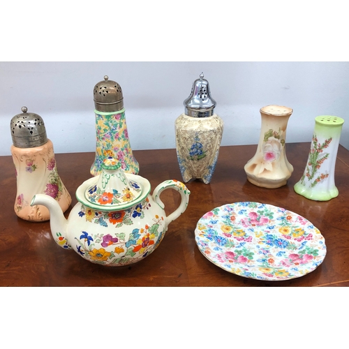 1210 - 5 sugar shakers with floral patterns, a small Mason's floral patterned teapot and an Aynsley bone ch... 