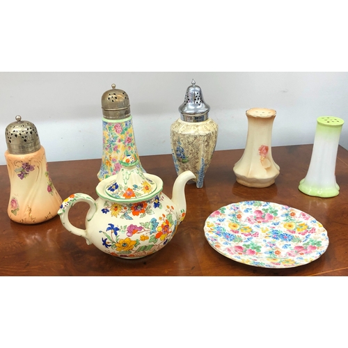 1210 - 5 sugar shakers with floral patterns, a small Mason's floral patterned teapot and an Aynsley bone ch... 