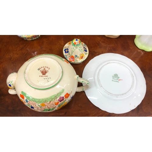 1210 - 5 sugar shakers with floral patterns, a small Mason's floral patterned teapot and an Aynsley bone ch... 