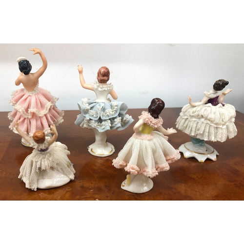 1211 - 3 miniature Dresden china lace figurines, 2 other similar figurines and a quantity of various other ... 