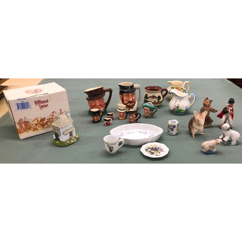 1225 - 3 miniature Royal Doulton character mugs, various other miniature mugs, a Lilliput Creel Cottage and... 