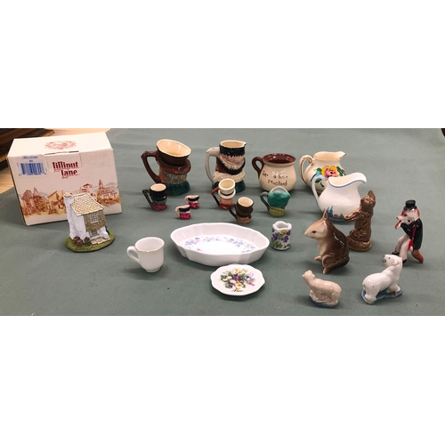 1225 - 3 miniature Royal Doulton character mugs, various other miniature mugs, a Lilliput Creel Cottage and... 