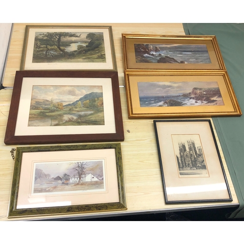 1226 - 6 framed pictures, landscapes and church, all framed.