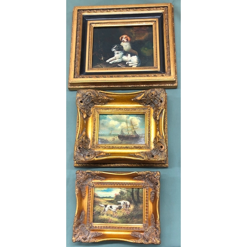 1227 - 3 reproduction pictures of dog and sailing ship, all in gilt frames.