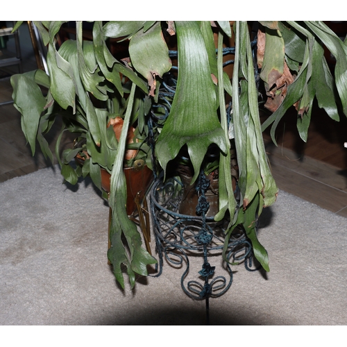 1285 - A metallic 2-tiered plant stand with copper and brass pot and plants and a small plant stand with pl... 