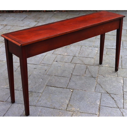 1292 - A reproduction mahogany console table with 3 drawers, brass pull handles, makers mark Brandley Engla... 