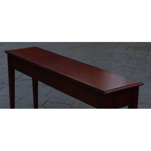 1292 - A reproduction mahogany console table with 3 drawers, brass pull handles, makers mark Brandley Engla... 