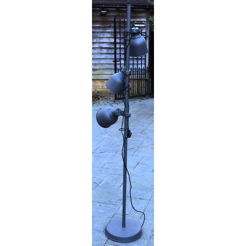 1293 - A grey brushed metal floor lamp with 3 adjustable lights and matching metal shades, 175cm high. This... 