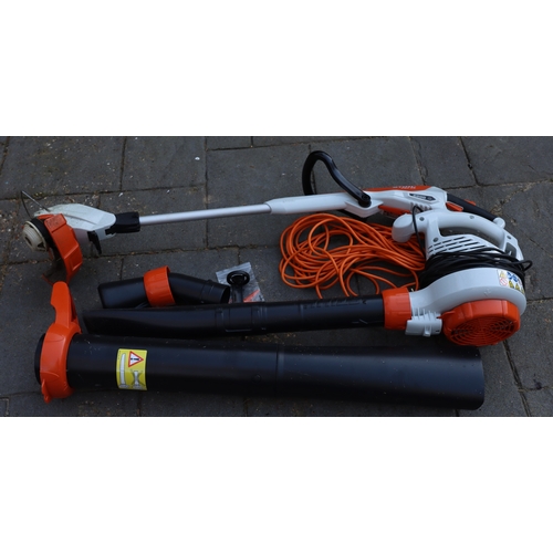 1294 - An Stihl electric garden strimmer, model  FSA458 and an Stihl leaf blower, model FHE71. This Lot is ... 