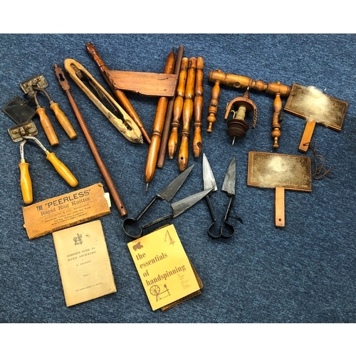 1132 - Various hand clippers, shears, spinning wheel parts, bobbin, 