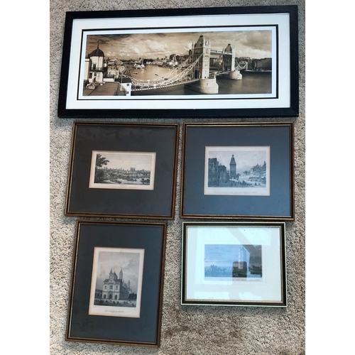 1173 - A black and white photograph of Tower Bridge in black frame and 4 prints in black and gilt frames, N... 