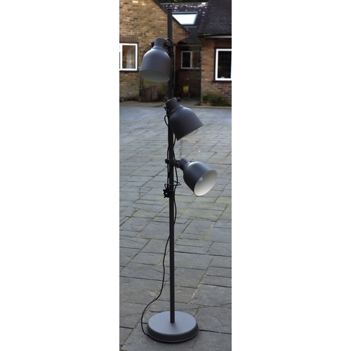 1293 - A grey brushed metal floor lamp with 3 adjustable lights and matching metal shades, 175cm high. This... 