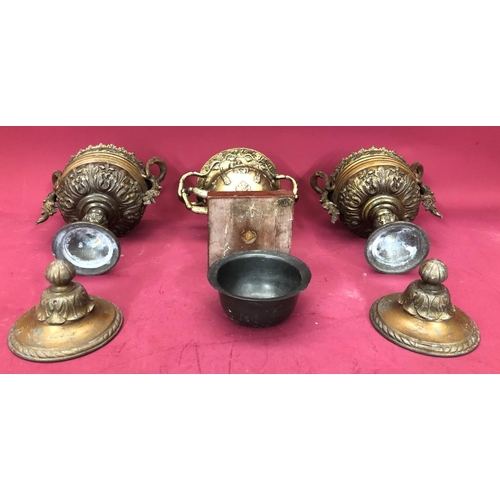 1240 - A pair of spelter lidded urns, 27cm high overall and a spelter censor, 16cm high. (3)